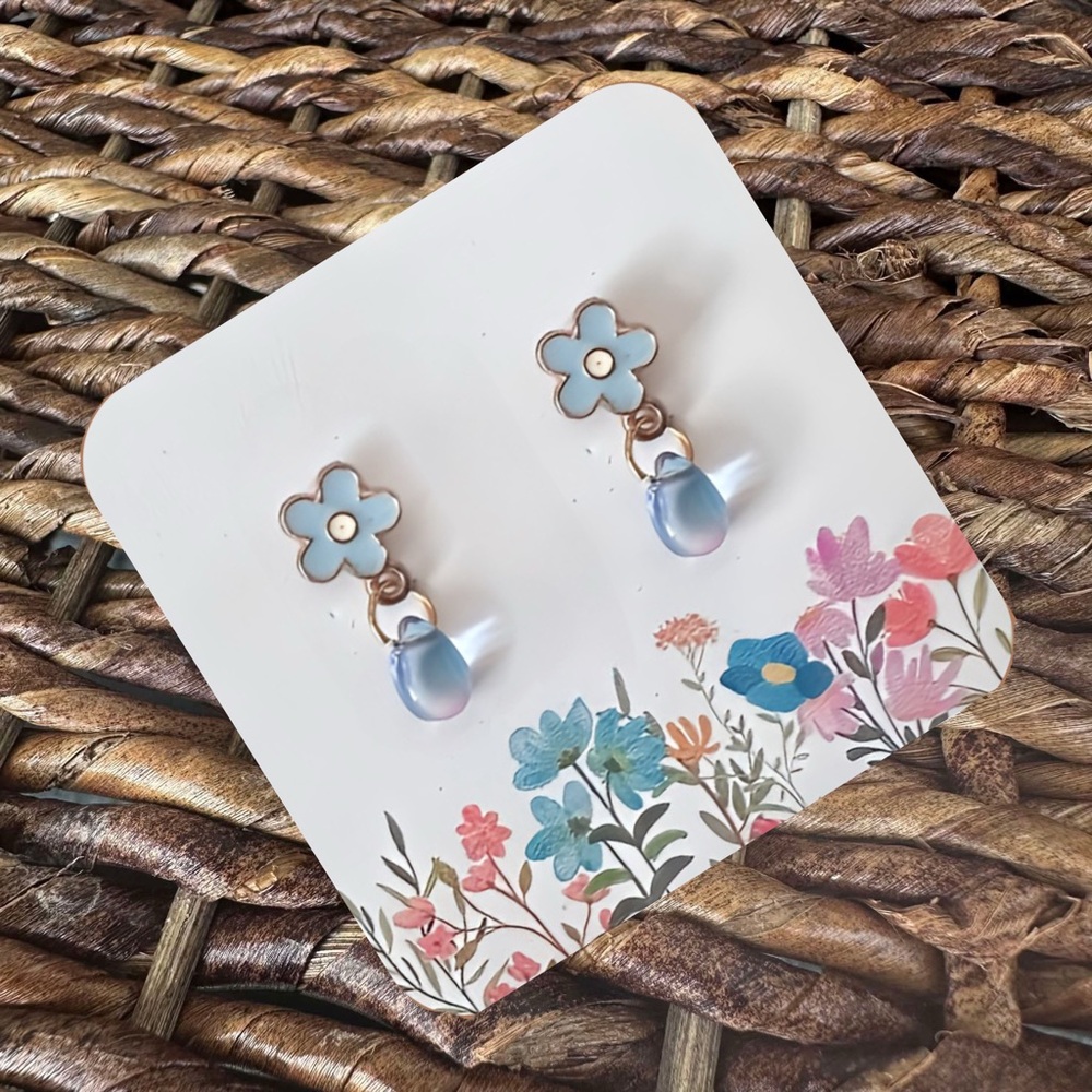 New Handmade light blue floral earrings with iridescent blue/purple "rain drop" - Picture 2 of 3